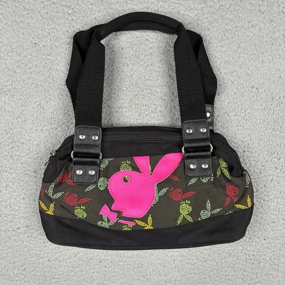Vintage Playboy Shoulder Bag Black Pink Bunny Logo Zipper Rhinestone Glam Y2K - Picture 1 of 8